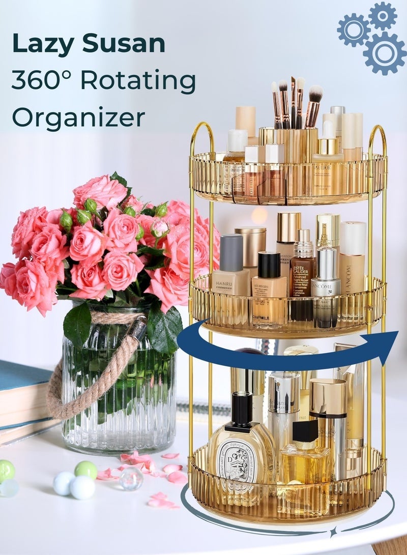 Arabest Rotating Makeup Organizer with Makeup Brush Holder, Save 80% of Vanity Space with Luxury Cosmetic Organizer 3 Tier, 360° Spinning Lazy Susan Skincare Organizer Makeup Stand, Gold - Image 4